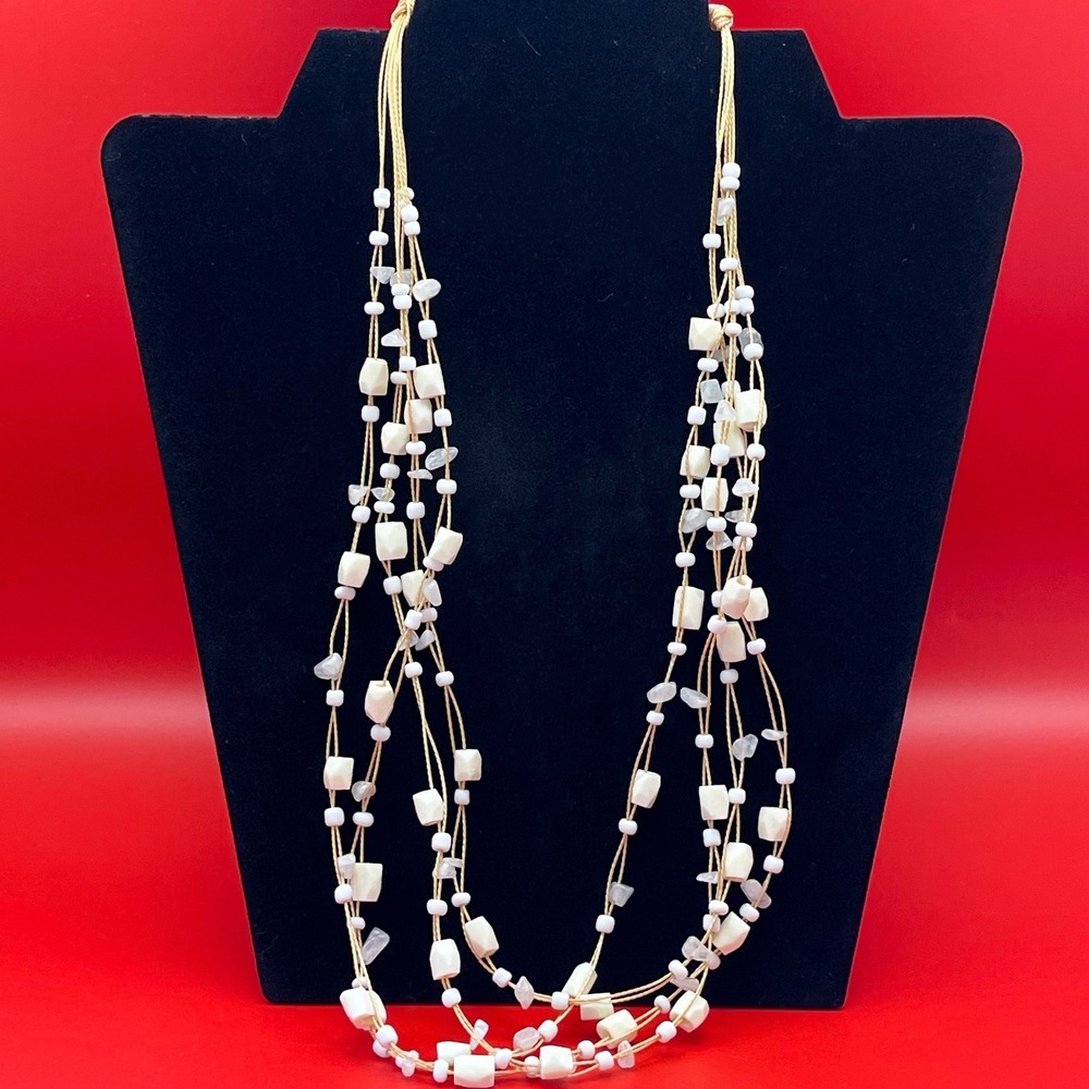 Vintage Multi Strand Beaded Necklace‎ White Cream Stone Shell Boho Beachy